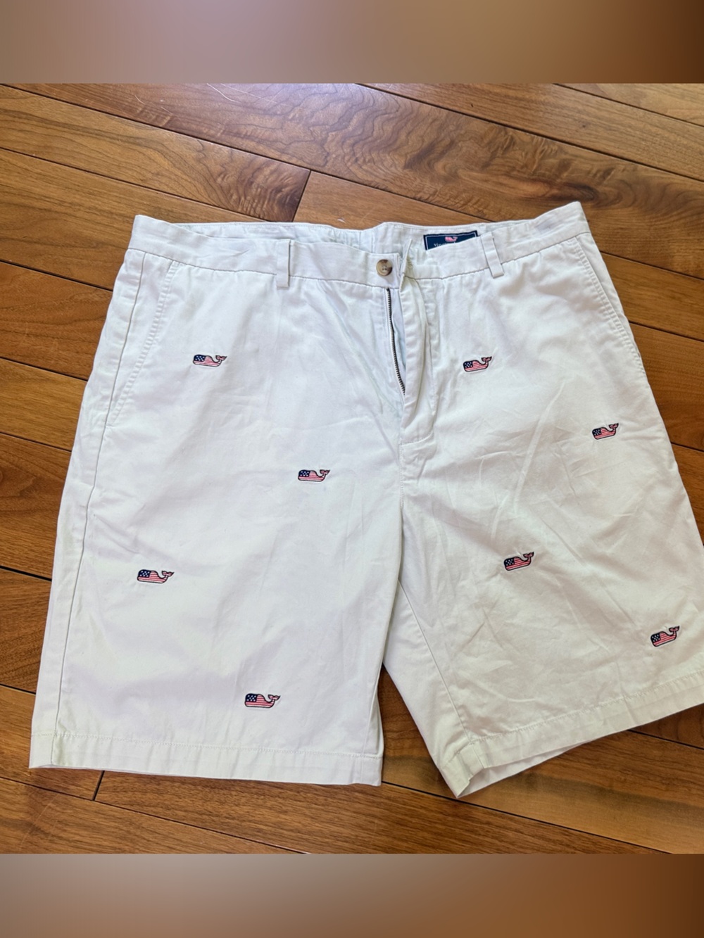 Vineyard Vines White Flat-Front Shorts with Pink Whale Embroidery